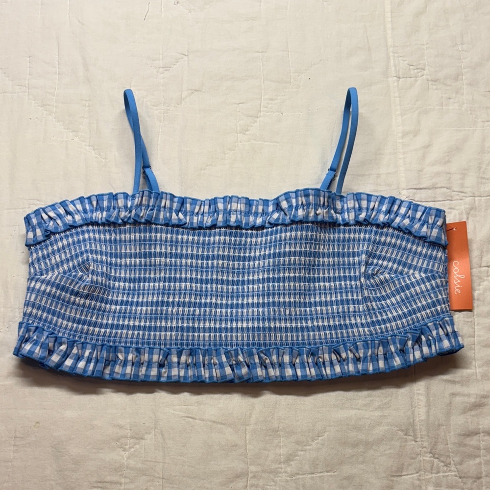 Colsie Blue Gingham Smocked Bralette Crop Top Cottagecore Bandeau Bustier 1X NWT